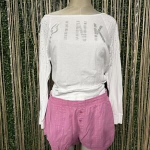 PINK White Long Sleeve Top with Rhinestone Detailing and Pink shorts set